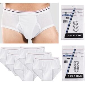 6 pc Men's FLY FRONT Briefs Cotton WHITE Underwear Old School style size L